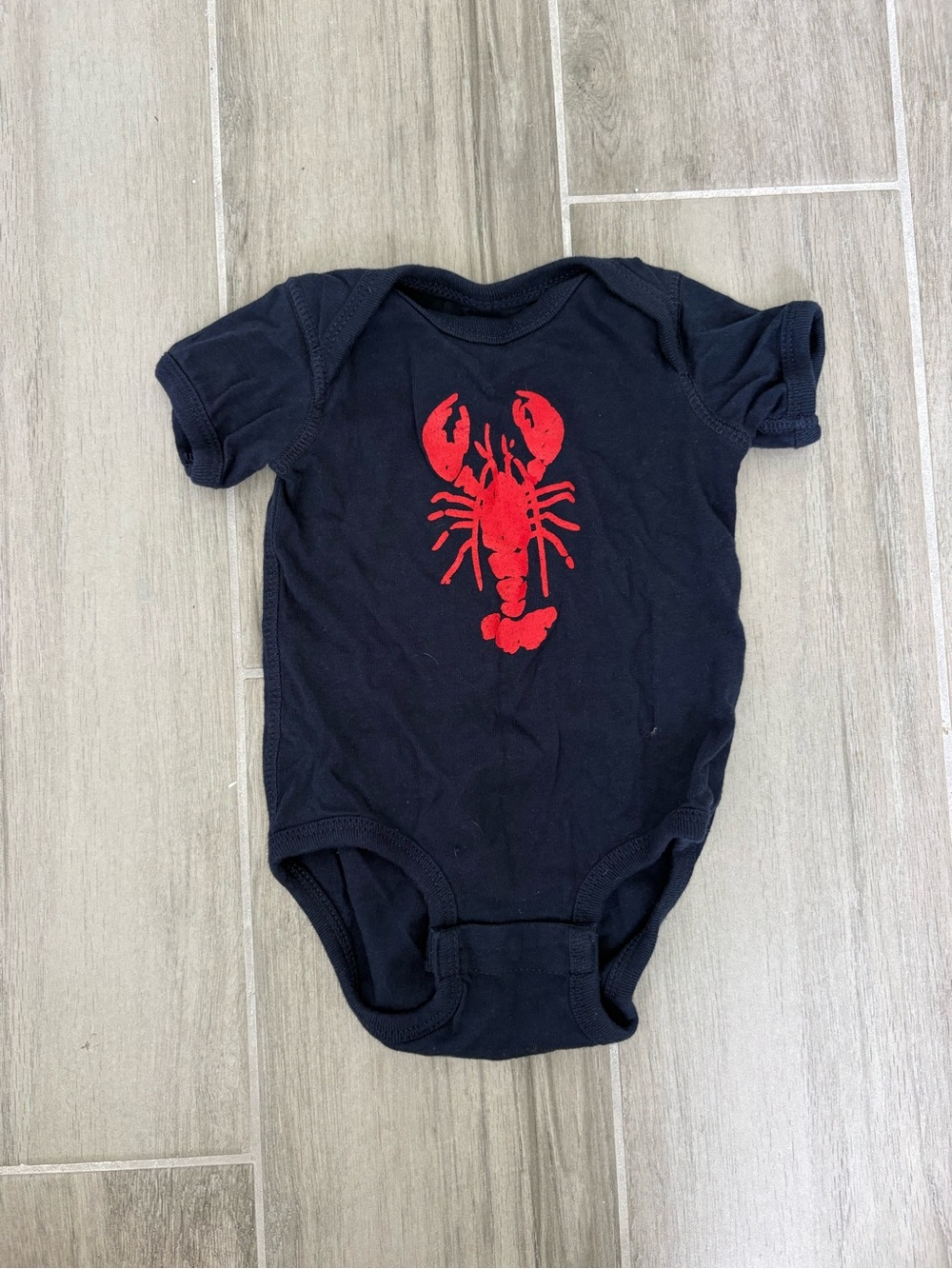 CINDER + SALT Navy Blue Red Lobster Hand Printed Graphic Bodysuit 6M